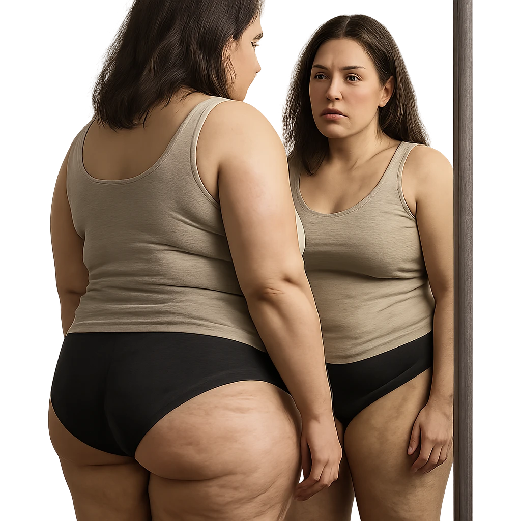 hyper realistic 4K woman looking at herself in the mirror, fat on thighs and legs, normal physique, skin details, reflective expression emoji