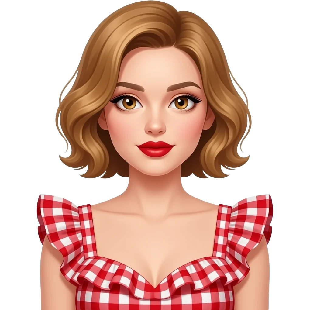 white, very beautiful woman, with big plump red lips, long long lashes, honey wavy short hair, hazel eyes. A look of seduction in her eyes. full body.  Wearing a red frilled gingham dress emoji