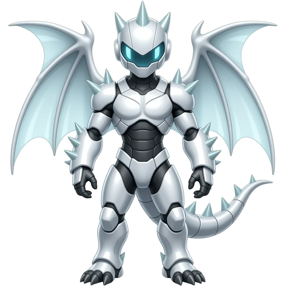 a shiny white Genesect-Flygon-Raptor-Fakémon—hybrid with a futuristic visor-helmet full body emoji