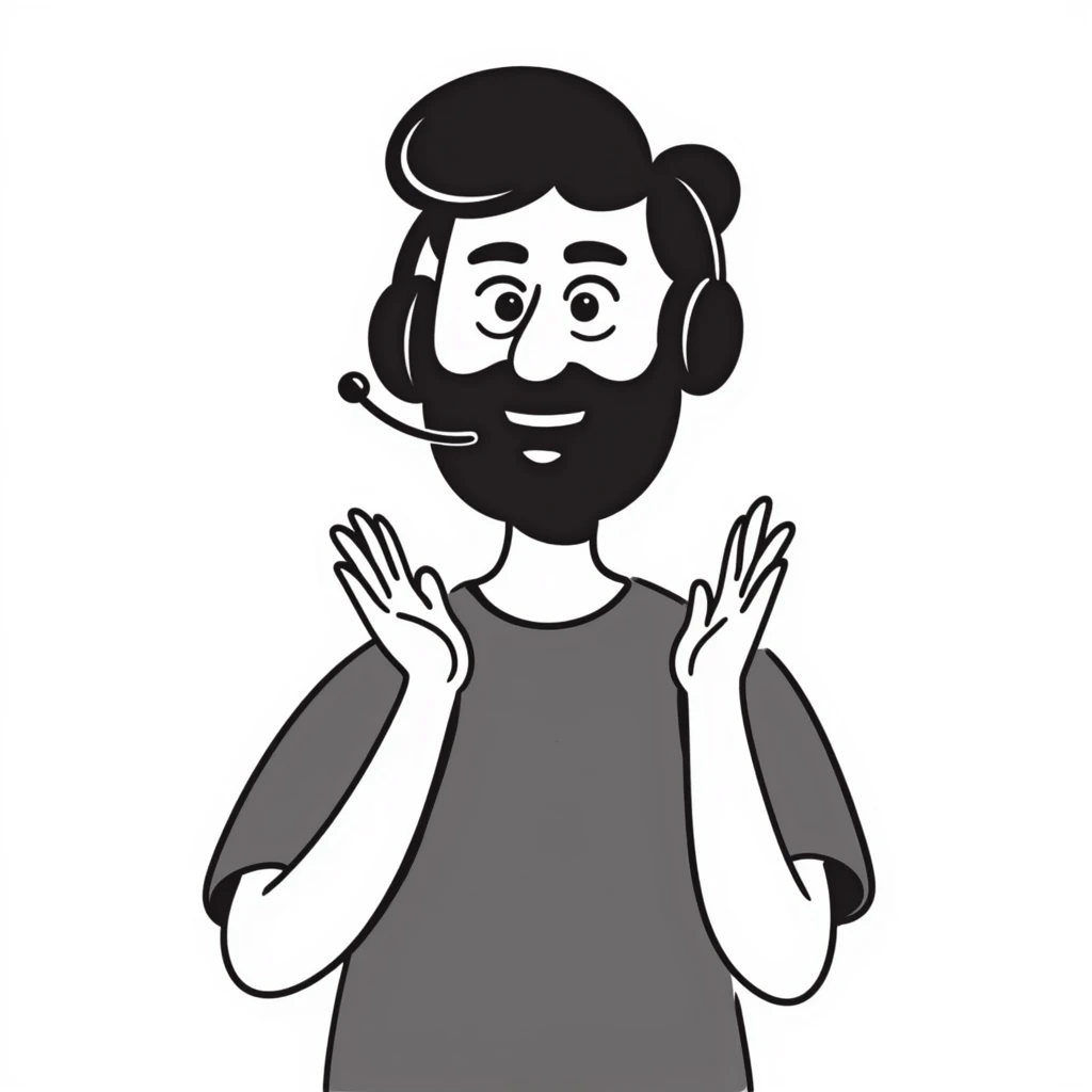 Man with black hair, brown eyes, and black beard wearing gaming headset clapping hands in celebration emoji