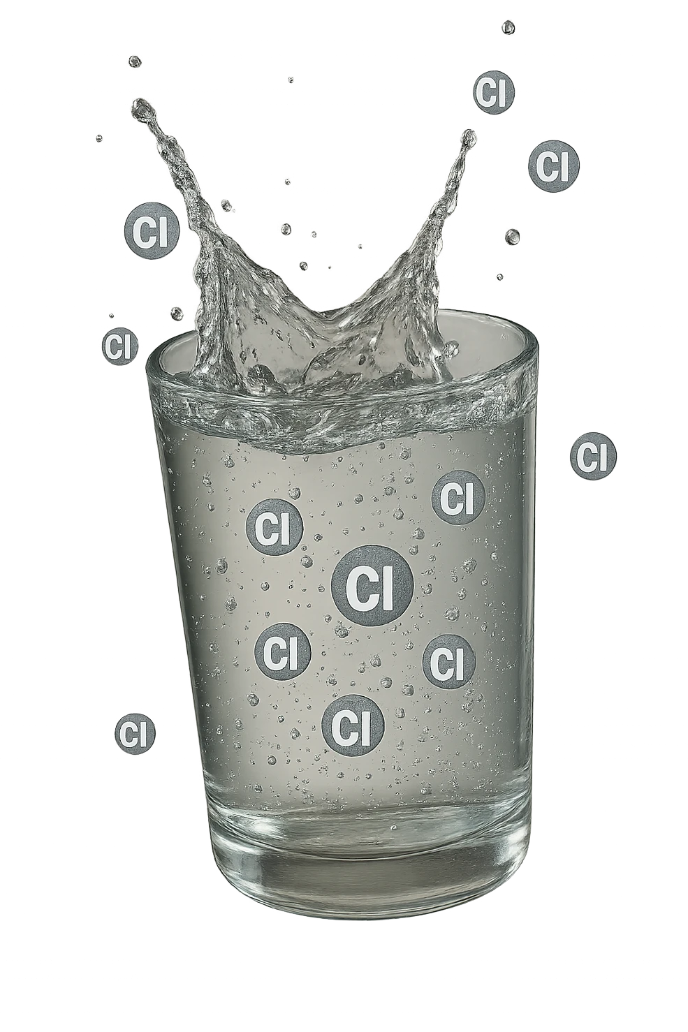 un bicchiere di acqua cade verticalmente dall'alto realistico e dettagliato, dentro l'acqua del bicchiere ci sono particelle di cloro ben visibili con la scritta "Cl" sopra, ci sono particelle anche che escono dal bicchiere e fluttuano in aria verticalmente, mentre alcune sono all'interno dell'acqua nel bicchiere, iperrealistico 4k emoji