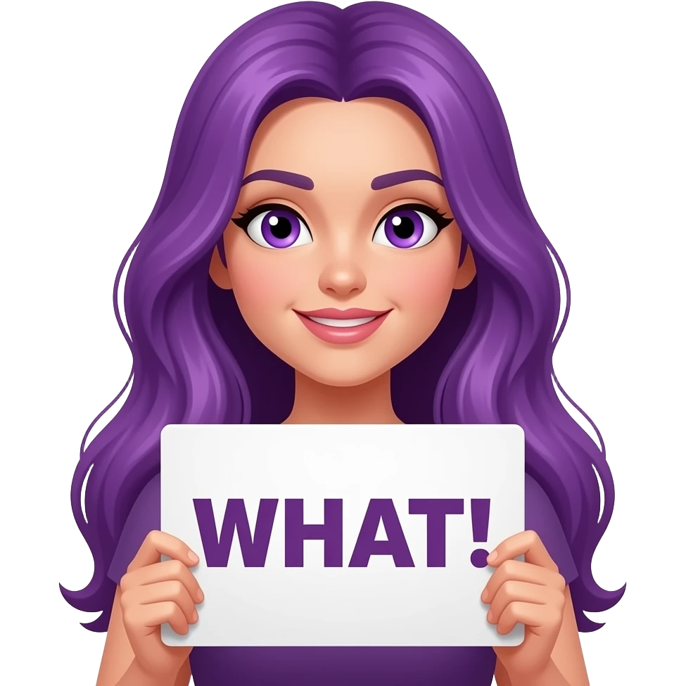 sexy girl with long purple hair and purple eyes holding a WHAT! sign emoji