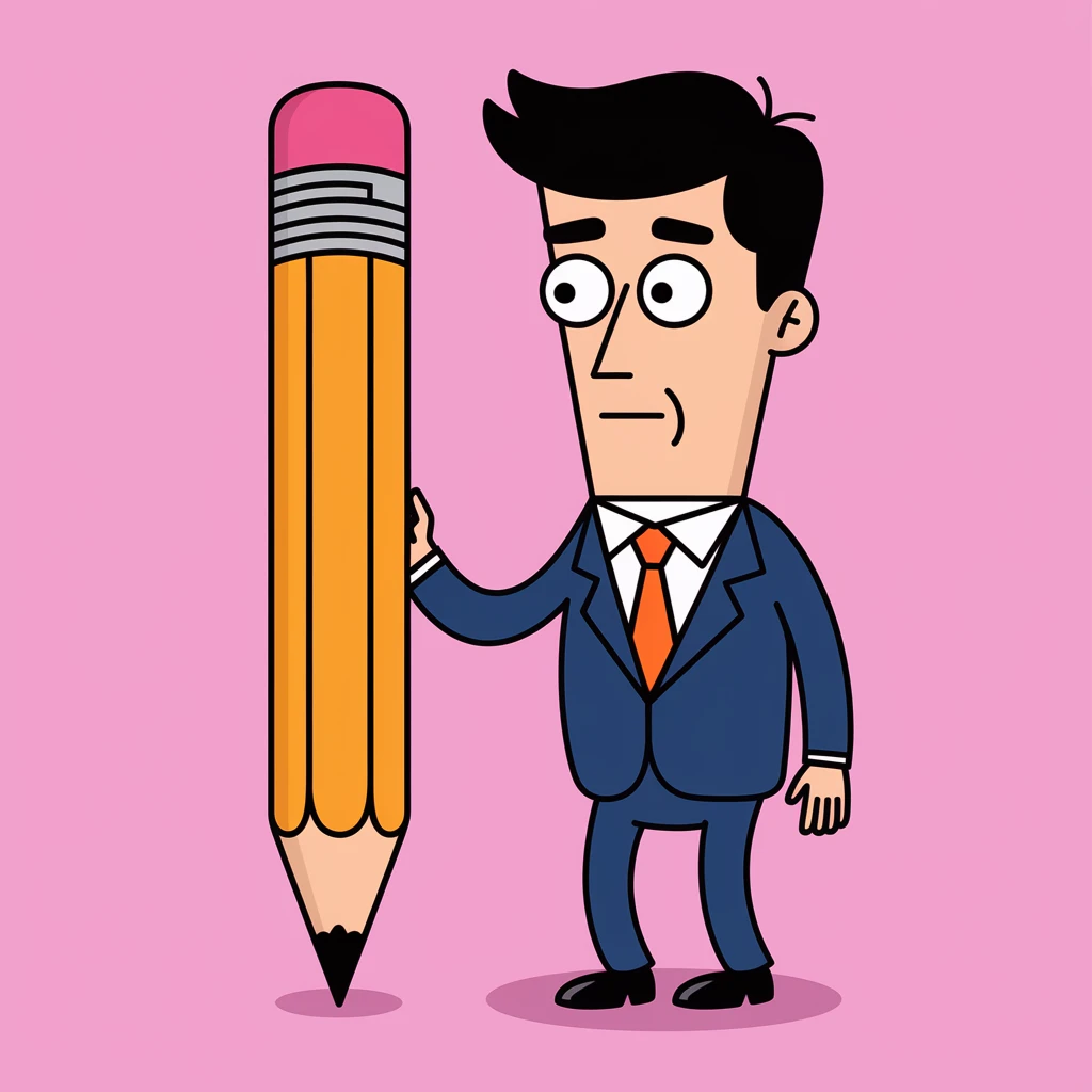 a very thin man next to a pencil (cartoon colourful style) emoji