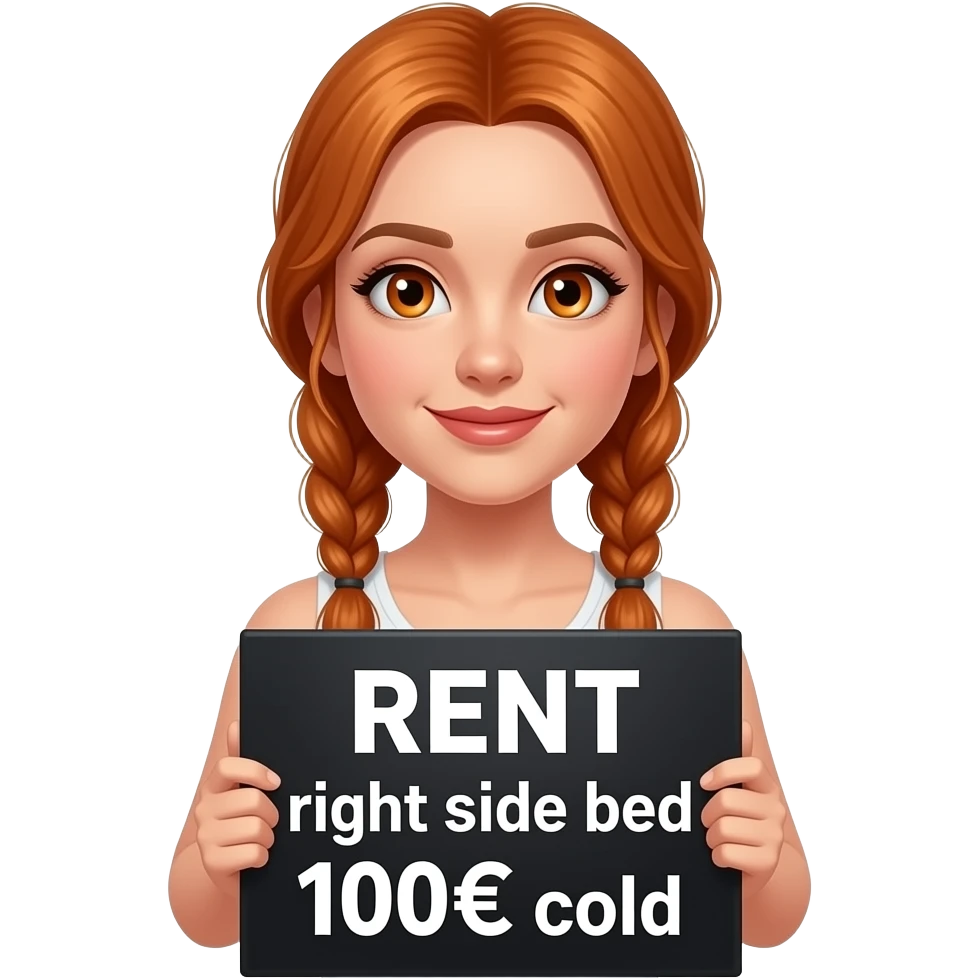 sexy girl with long ginger braids and ginger eyes wearing a white tanktop is holding a black sign with VERMIETE rechte BETTSEITTE 100€ kalt written on it emoji