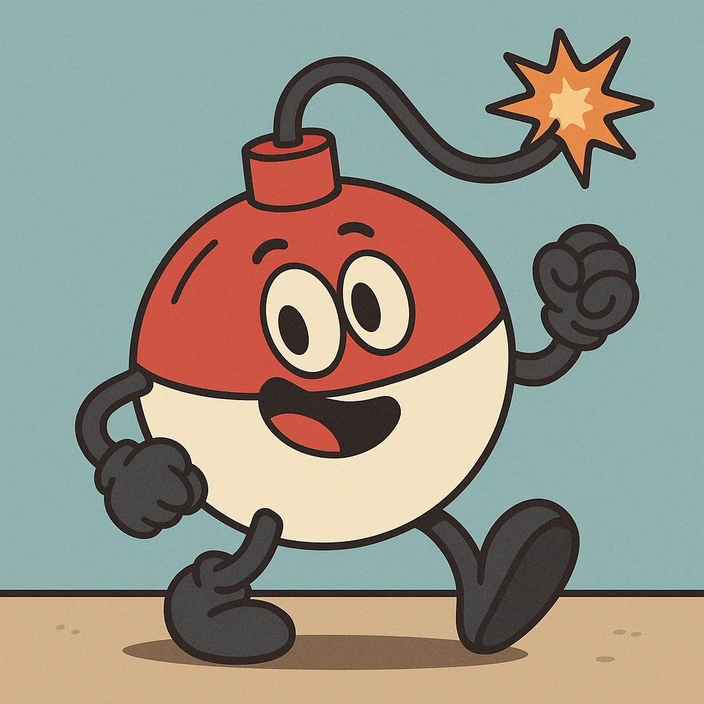 An I.E.D. Bobber-Fuse Bomb Hybrid, combining elements of a fishing bobber and a classic round bomb with a fuse, simple and colorful, flat toon style, playful and clear design, cartoonish, bold outlines emoji