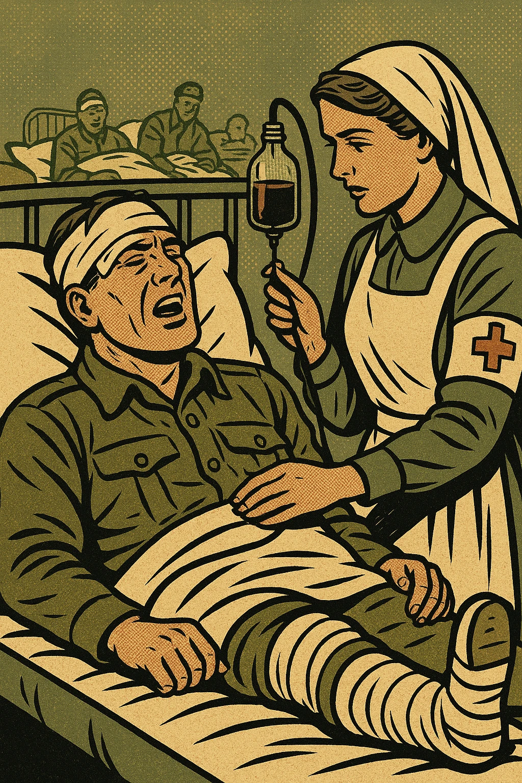 A world war one British soldier in an army hospital bed.  The soldier has a bandage around his head, with a splint on one of his legs.  He is also being given a blood transfusion from an army hospital nurse. In the background are other injured soldiers.  The main colour of the image is khaki and greens emoji