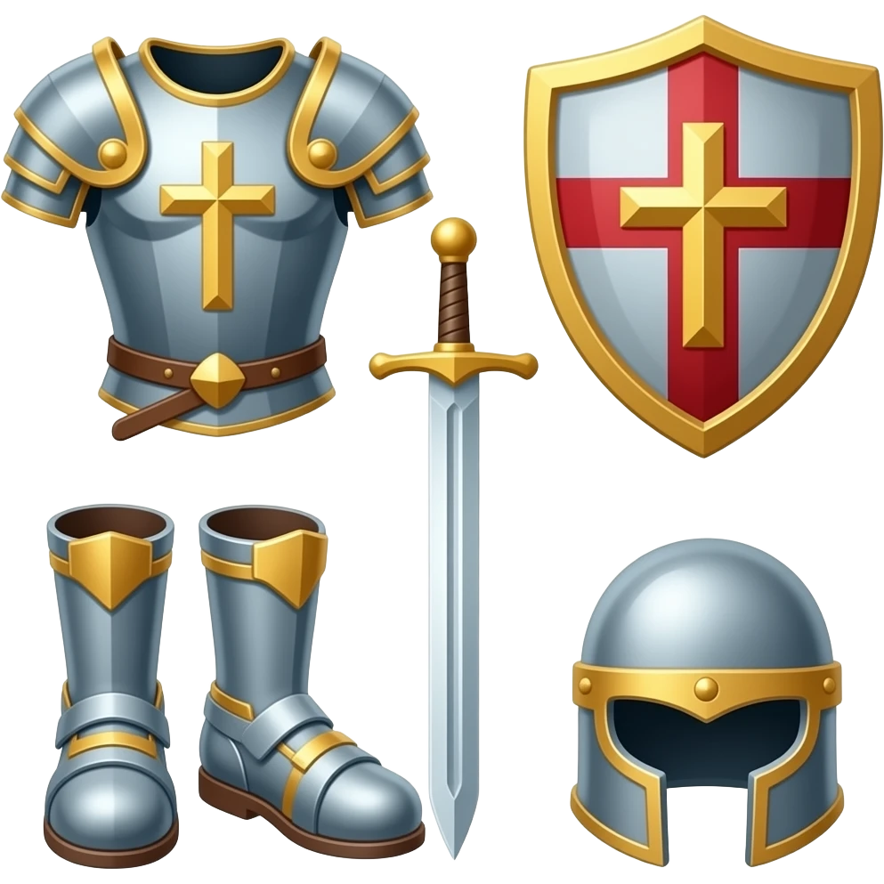 Belt of Truth  Breastplate of Righteousness Shoes of/Peace  Shield of Faith  Helmet of Salvation: ,  Sword of the Spirit: emoji
