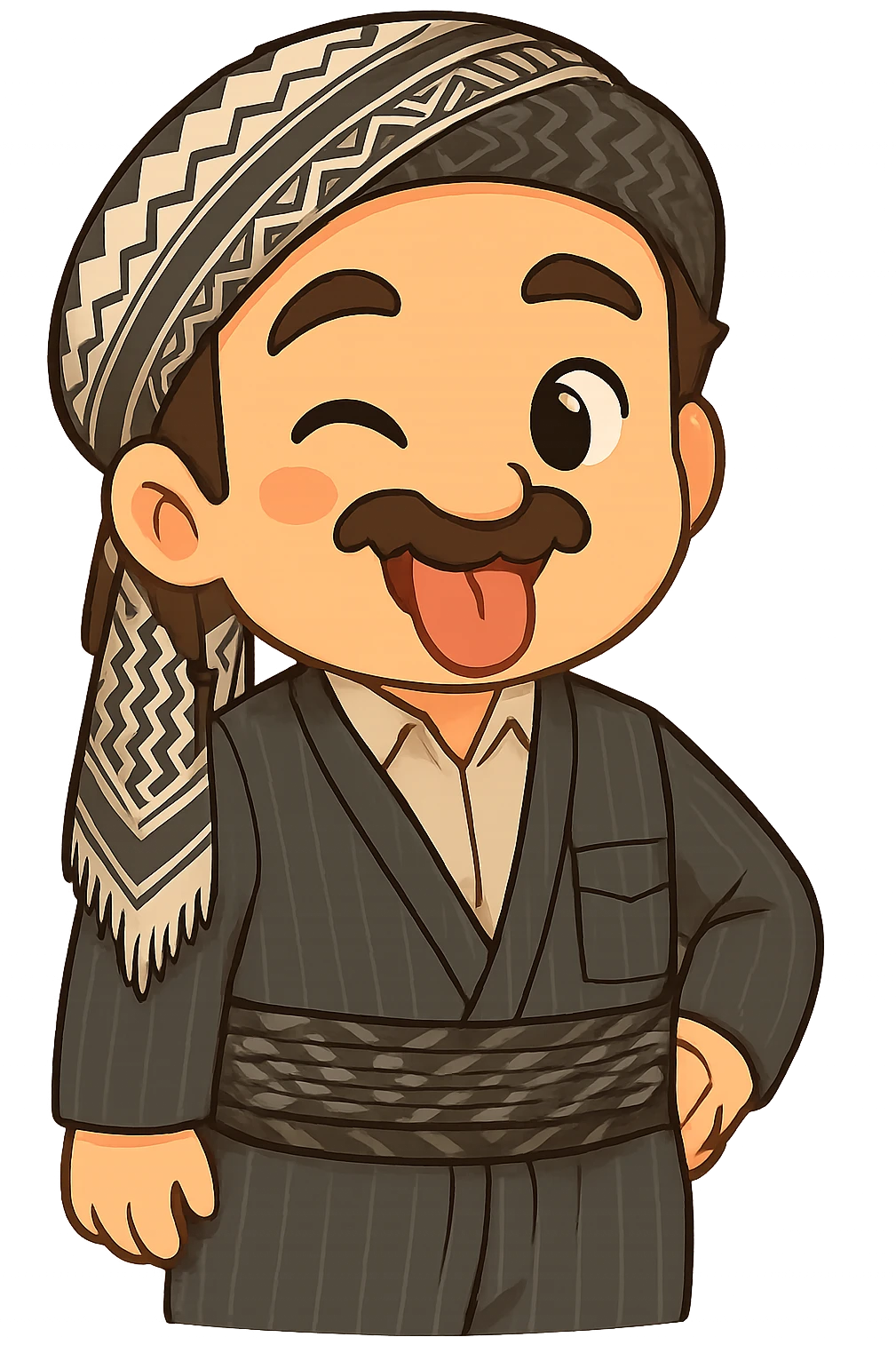 Cartoon sticker of a Kurdish man with the same clothes and scarf as the reference image, no changes to clothes or scarf, face with a tongue out and winking expression similar to emoji 😜, colorful and cheerful, no shadows or color halos around the image, no text, suitable for WhatsApp and Instagram, fully transparent background. emoji