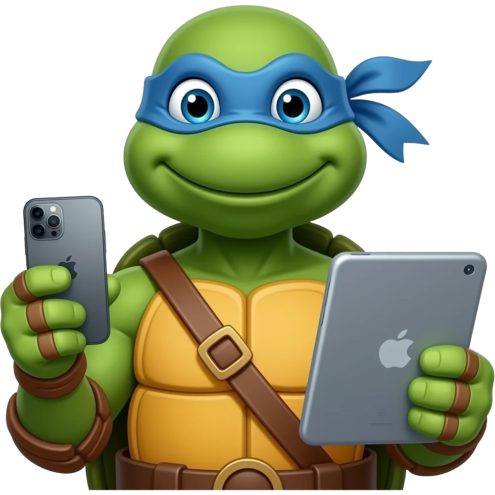 Michelange (Teenage Mutant Ninja Turtles) holding a iPhone device on one hand and iPad on another hand emoji