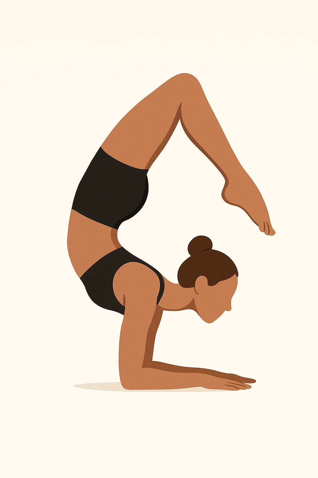 Minimalist flat vector illustration of a woman doing yoga (Vrischikasana), wearing sportswear (black top and black shorts), brown hair in a bun, clean white background, no face details, elegant style emoji