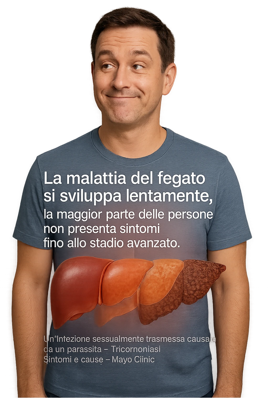 "Healthy-looking man unaware that liver disease develops slowly with most people having no symptoms until late stage A sexually transmitted infection caused by a parasite-Trichomoniasis - Symptoms & causes - Mayo Clinic, expression of false confidence in his health, transparent liver overlay showing progressive damage despite feeling normal, time-lapse visualization of gradual liver deterioration in italiano emoji
