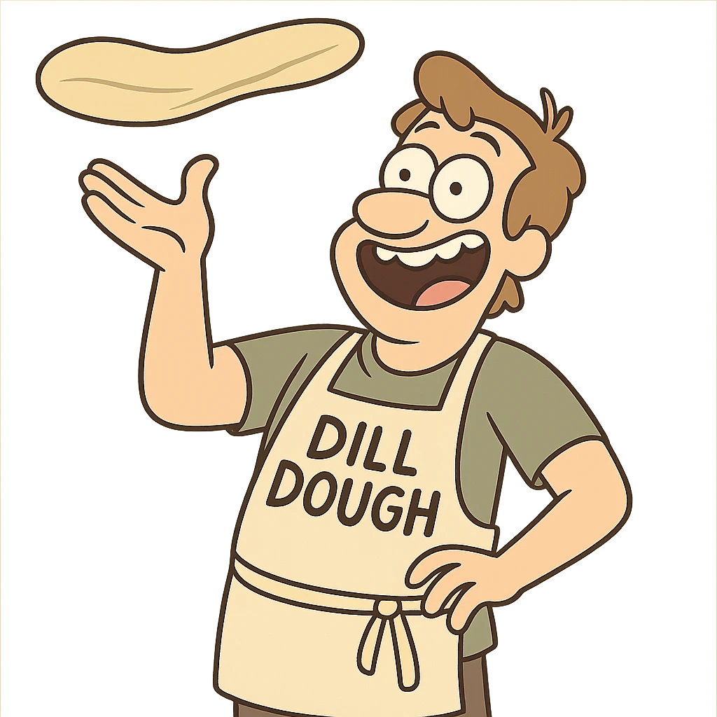 A cartoon character named Dill Dough with light brown hair, wearing an apron, tossing pizza dough in the air, cheerful and goofy expression. emoji
