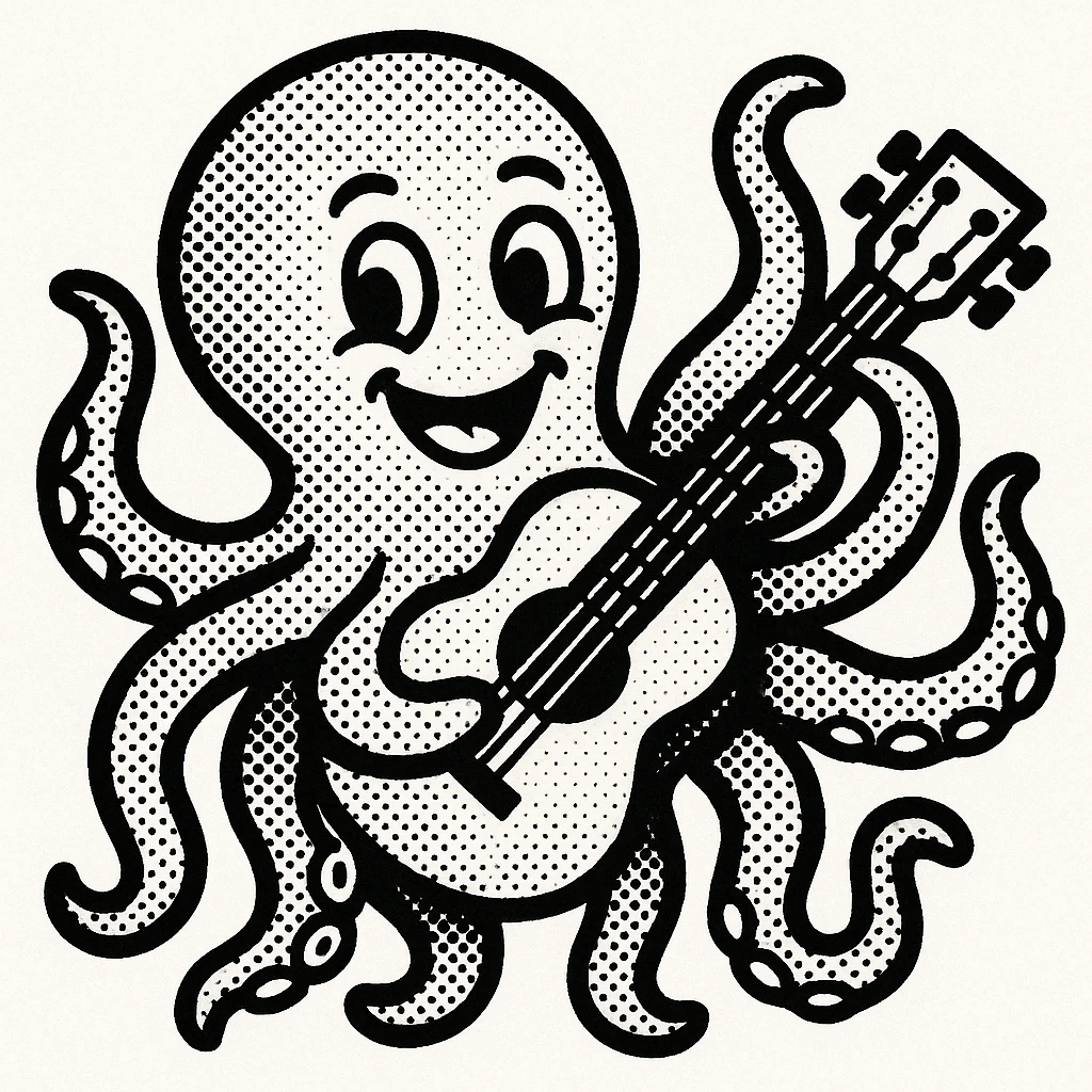 happy octopus with multiple arms playing guitar emoji