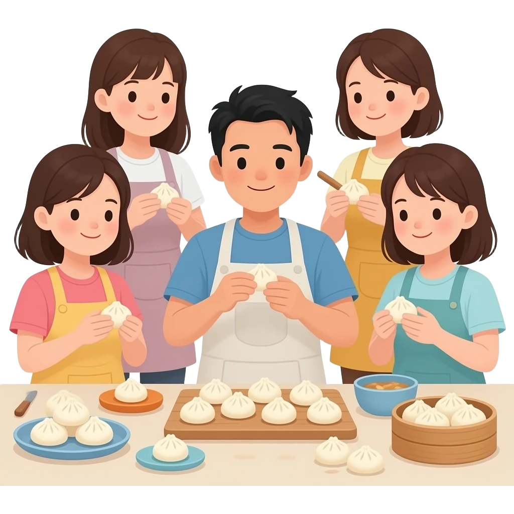 bao workshop cute at home with 5 female 1 male asian friends emoji