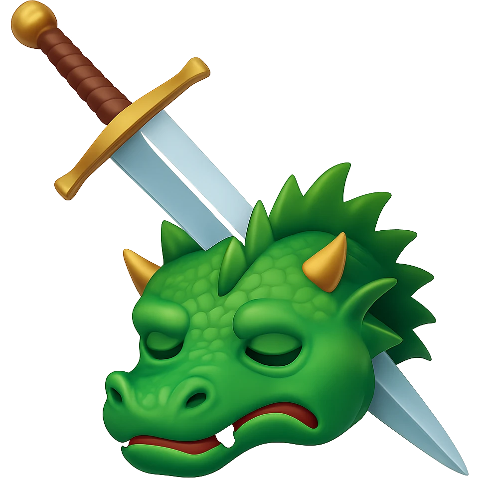 Make the sword much larger, keep the green dragon's head defeated, symbolizing conquering a challenge, in WhatsApp emoji style with no background. emoji