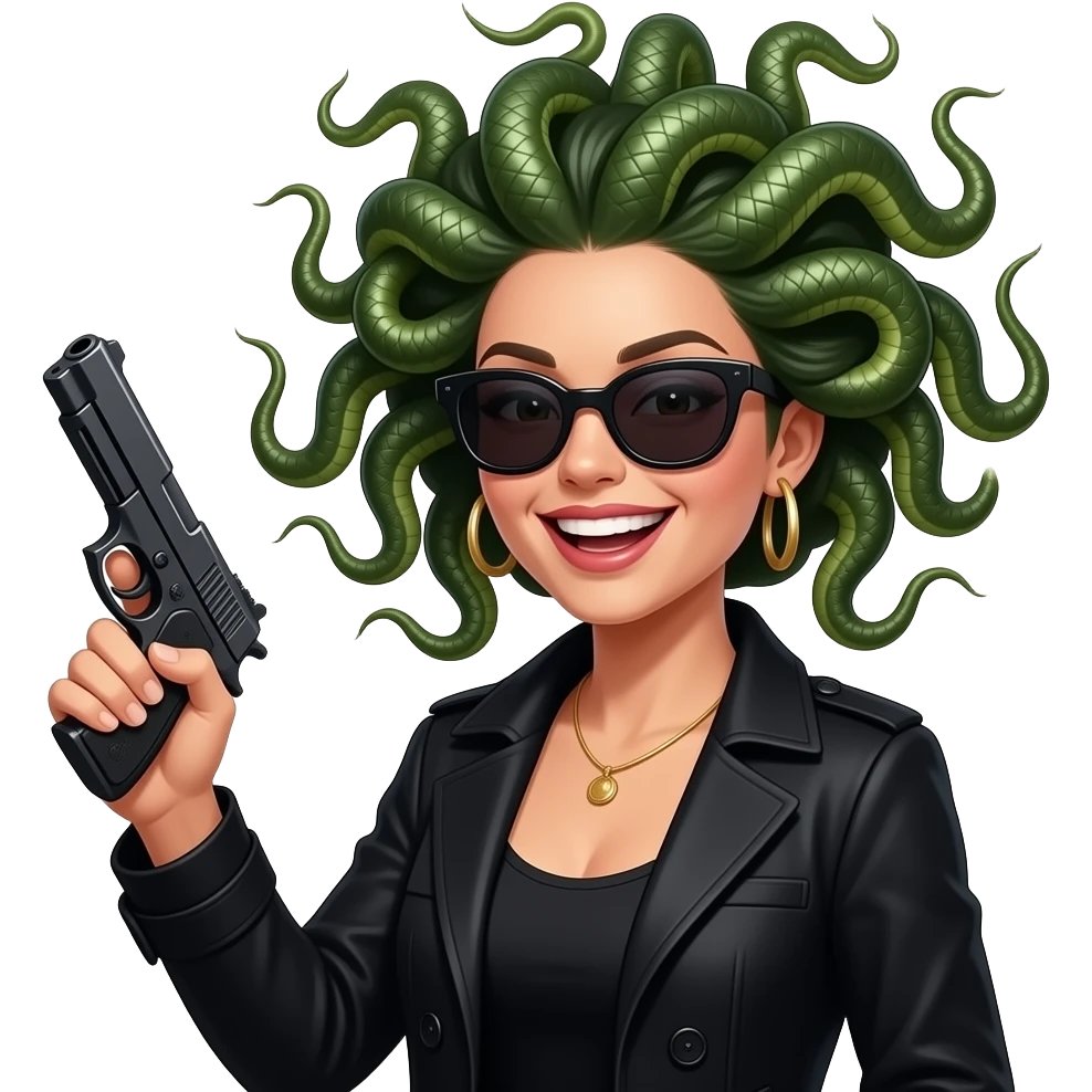 Laughing beautiful female Medusa in black coat with sunglasses holding gun emoji