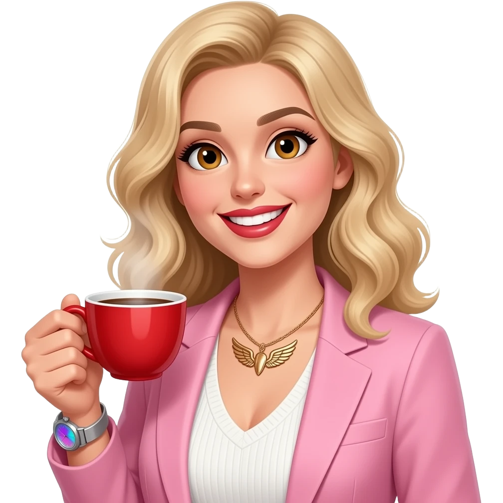 Slightly wavy blonde hair + Big light brown eyes with spark + happy teeth smile +  bronze color angel wing necklace + armwatch with blue&pink hologram dial and silver band + red lipstick + pink blazer + white pullover with open neck + with red coffee cup porcellain with narrow cup long + wunderbar emoji