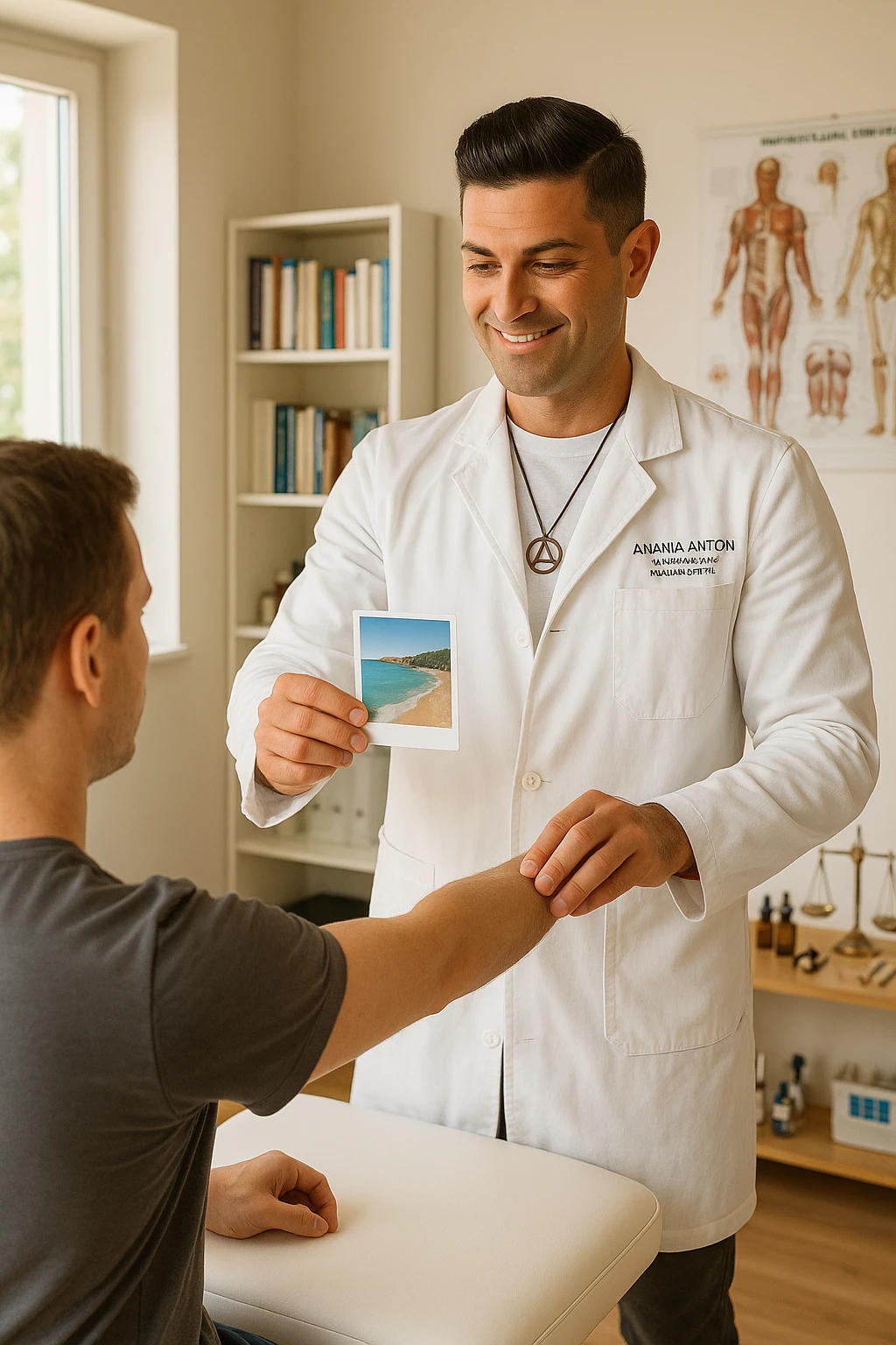 a middle-aged man, dressed in casual professional attire, is in a bright, organized therapy studio. Durante una visita di kinesiologia, il ragazzo tiene con una mano la foto di una persona lontana (il “testimone”) tiene la foto in mano, mentre con l’altra mano esegue un test muscolare su un cliente presente senza foto. Sullo sfondo si vedono libri di kinesiologia, poster anatomici e strumenti tipici della disciplina. L’atmosfera è concentrata e serena, con luce naturale che entra dalla finestra, sottolineando l’aspetto alternativo e umano della pratica. emoji