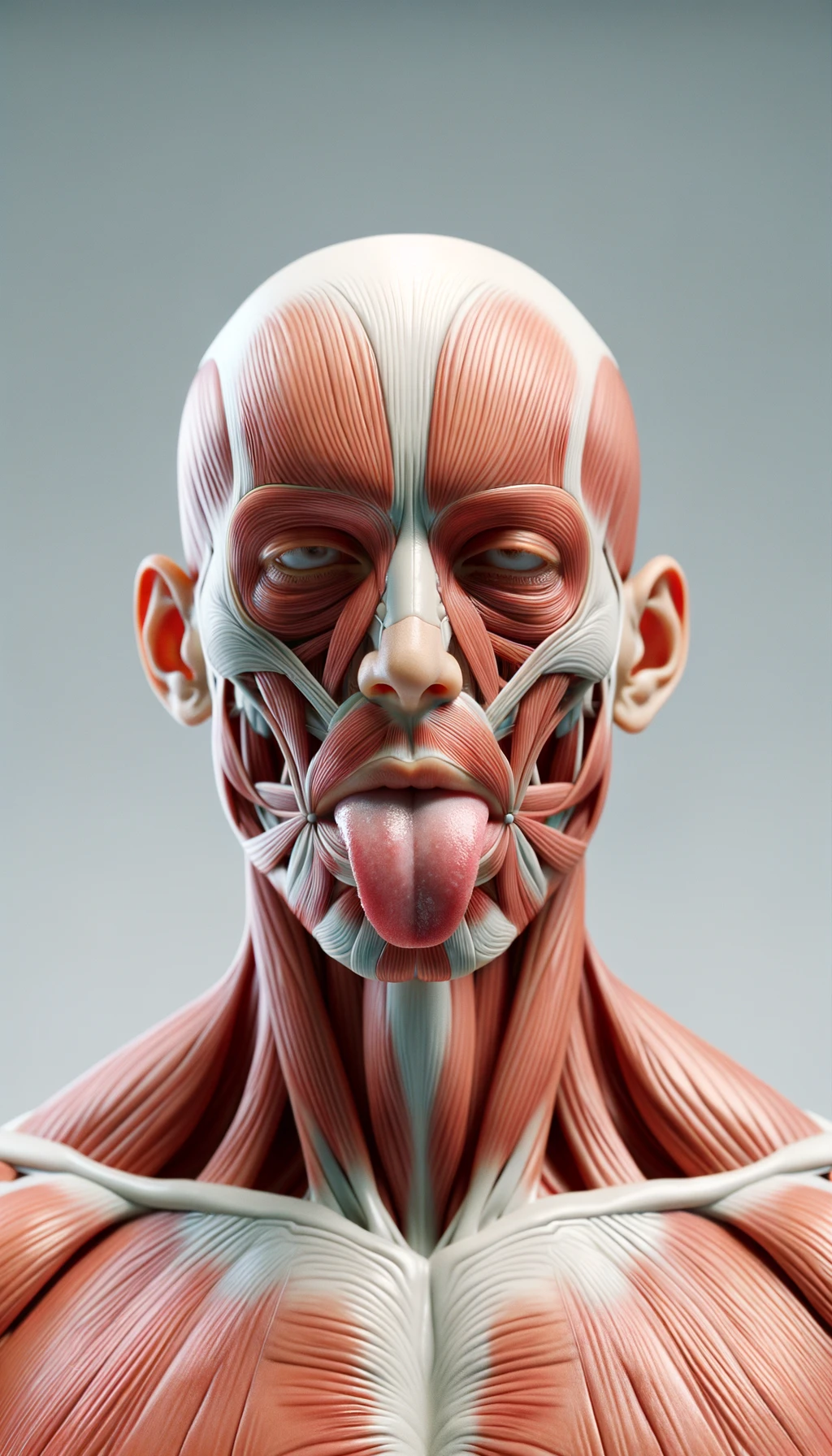 CORPO UMANO ANATOMICO IN PIEDI FRONTALMENTE CHE TIENE LA LINGUA UN PO' FUORI ED è PIENA DI MACCHIE BIANCASTRE, NEUTRAL CLEAR BACKGROUND, COLORI REALISTICI DEI MUSCOLI, iperrealistico 4k emoji