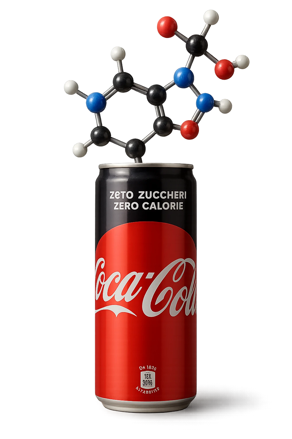 rappresenta una molecola chimica di aspartame che esce da una lattina di coca cola zero, iperrealistica 4k emoji
