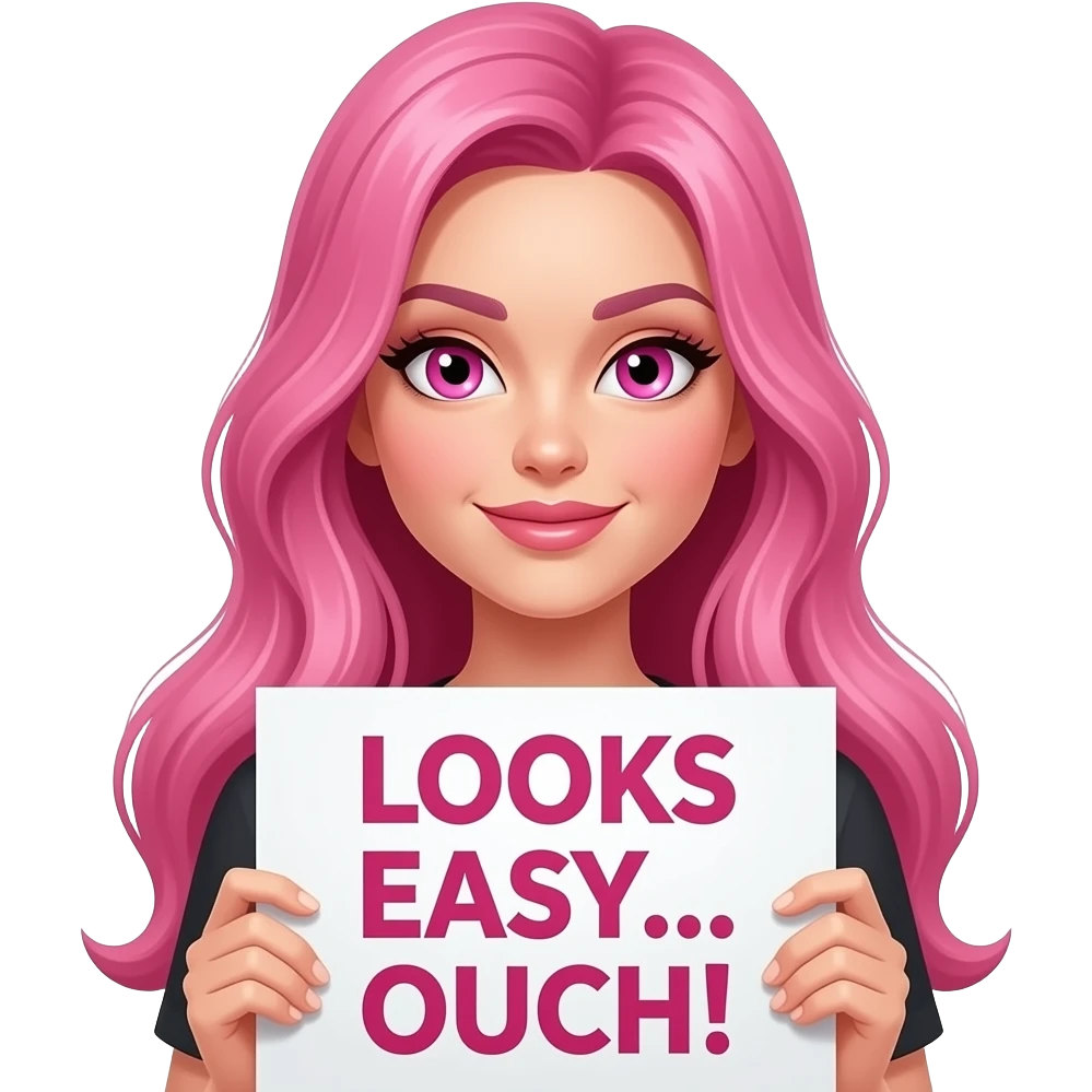 sexy girl with long pink hair and pink eyes wearing a holding a LOOKS EASY... OUCH! sign emoji