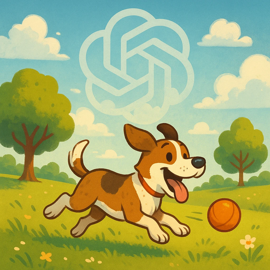 gpt image logo on the background of a dog chasing ball emoji