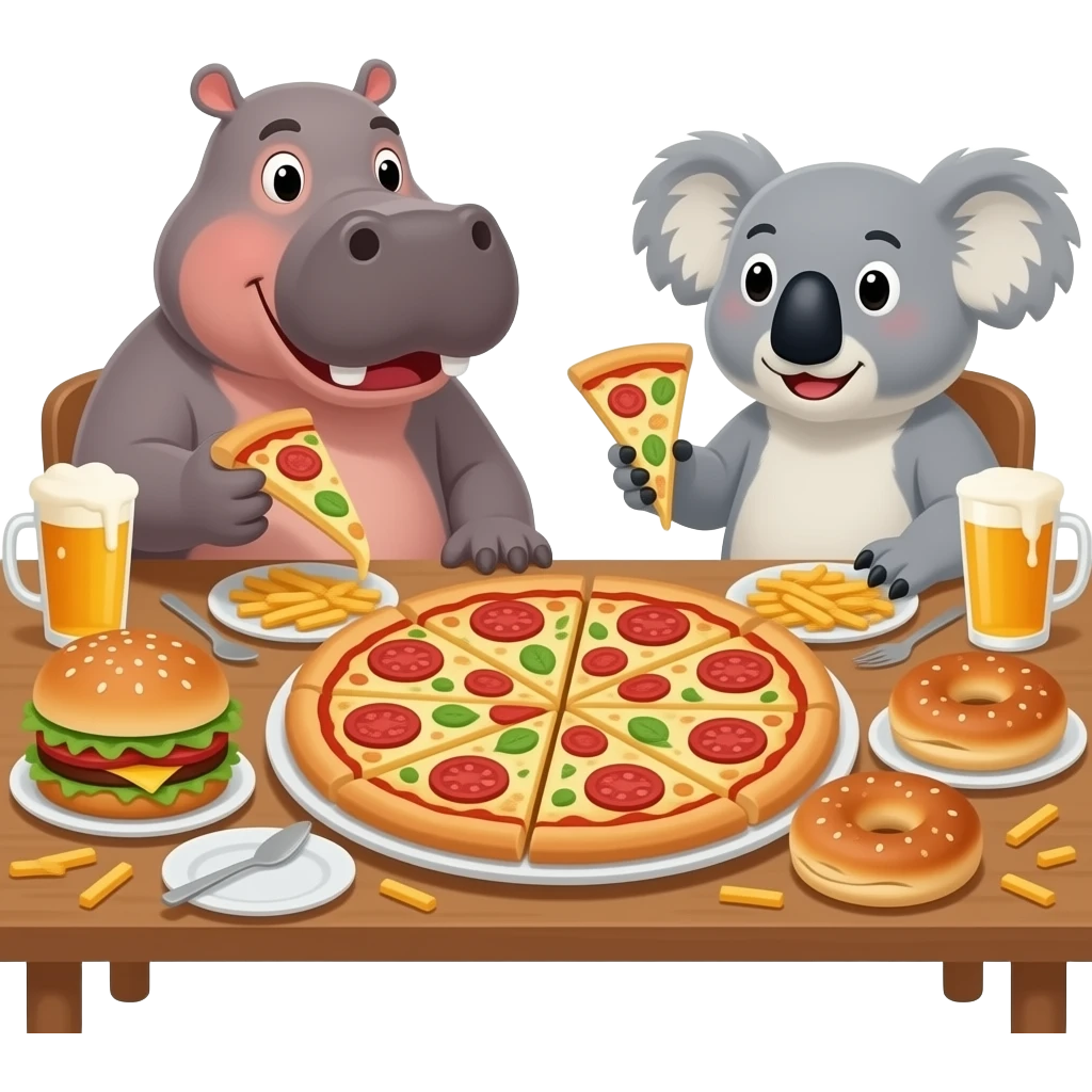 hippo and koala eating sooo much food together fat pizza beer burger fries bagels emoji