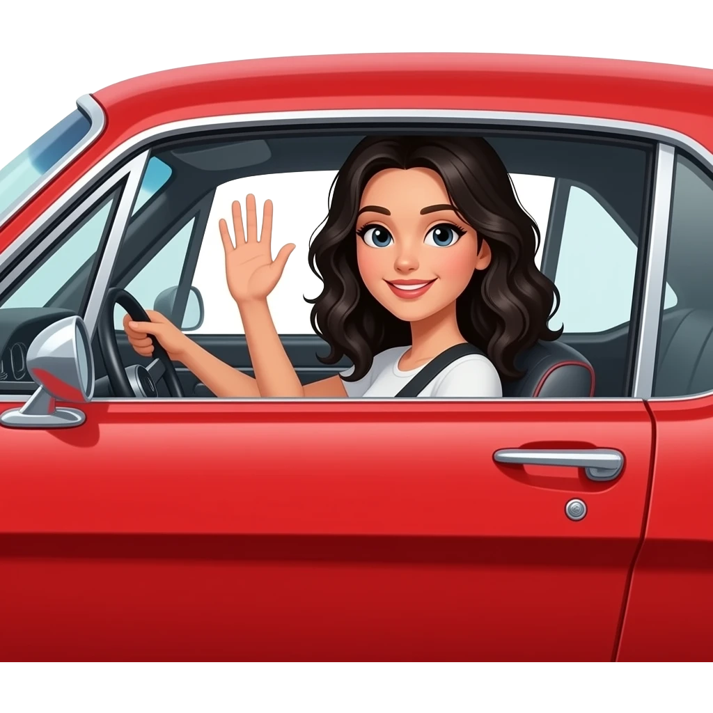 Pale girl with black wavy hair driving a red Ford Mustang 1968 coupe and waving through the window on the driving side. 3/4 view emoji