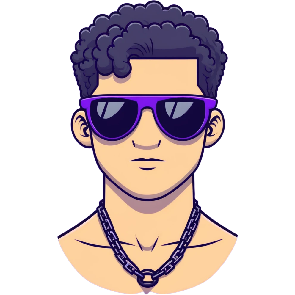 shirtless male athlete with white skin and moderately curly black hair on top with shaved sides, wearing purple sunglasses with very dark heavily tinted black lenses that completely hide the eyes, and a plain black chain necklace emoji