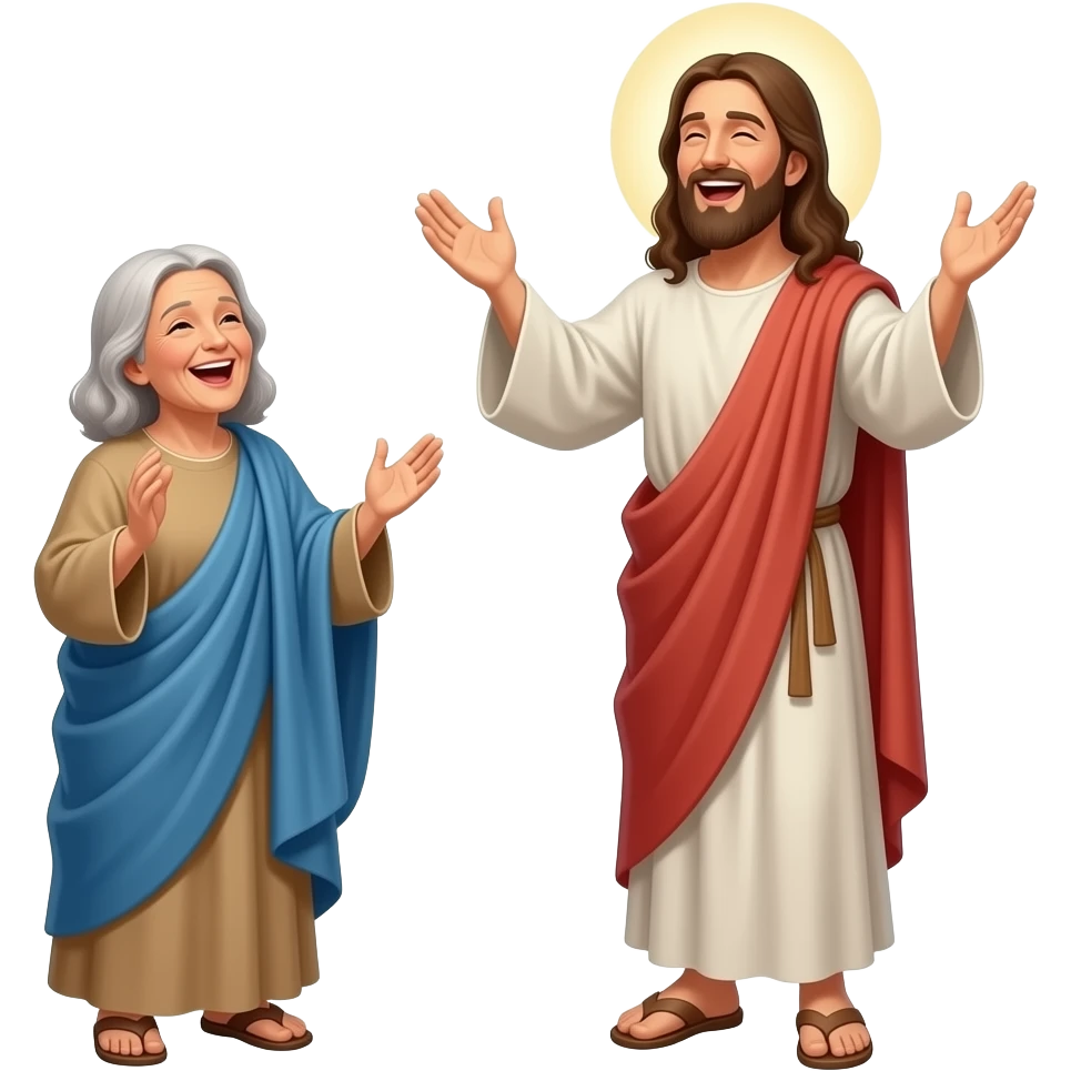 An old woman wearing clothing from ancient biblical times looking up at God with his hands stretched out with a look of joy on his face singing praises to God emoji
