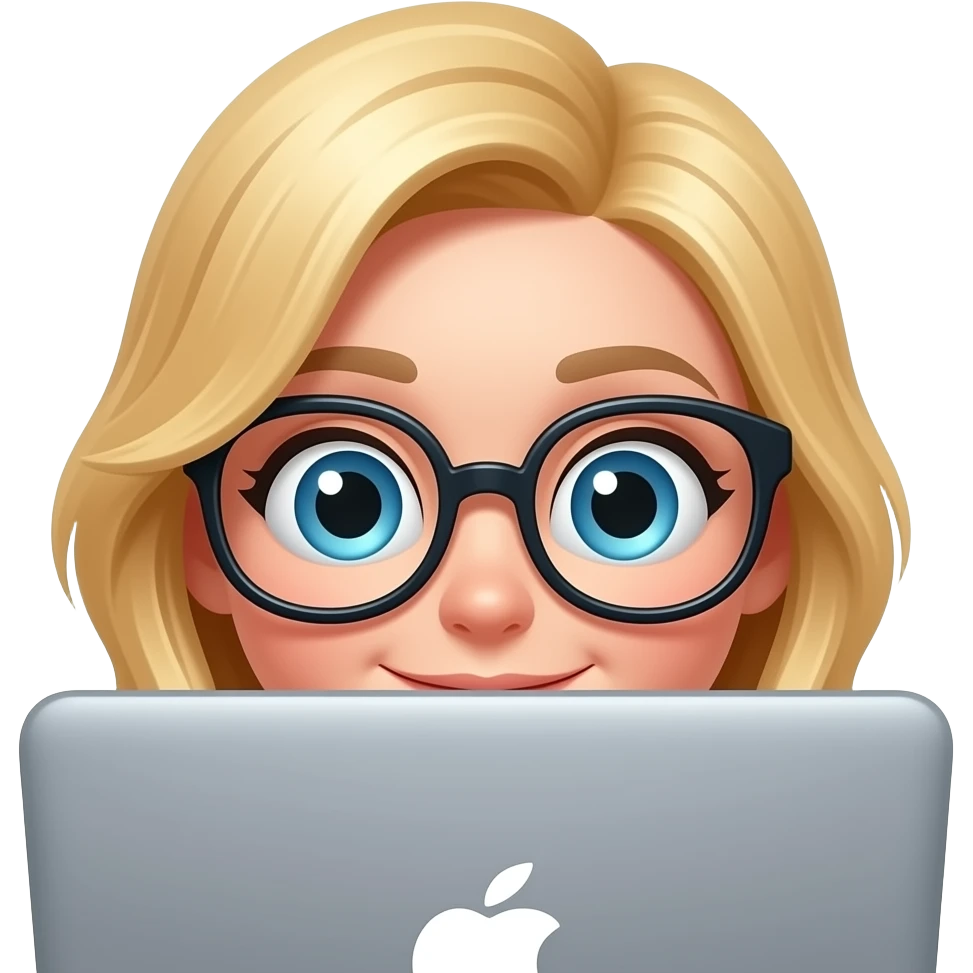 3D emoji-style female character with blode hair and big glasses, eyes wide, peeking over a laptop, emoji