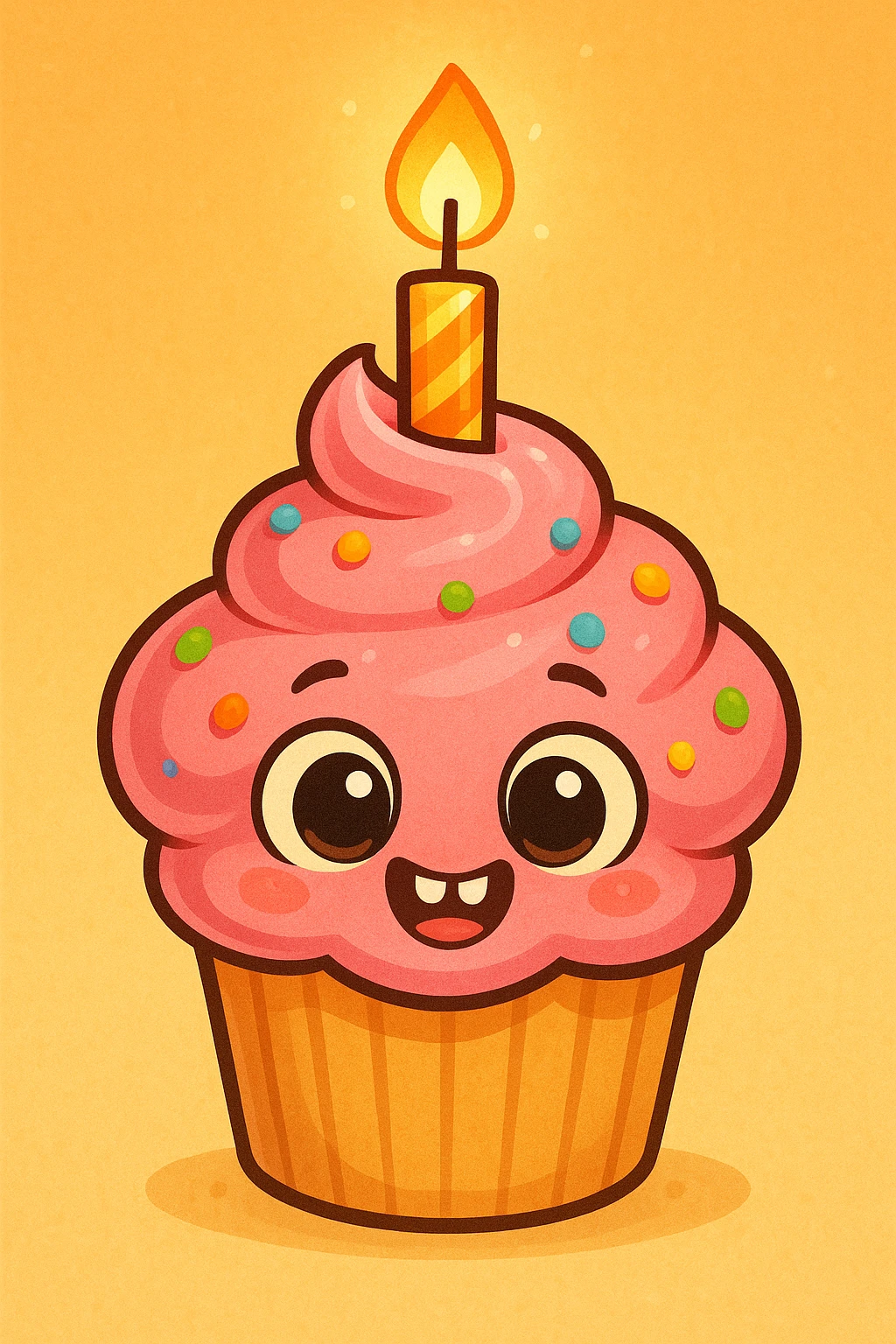 A cupcake with pink frosting, big eyes, two teeth, and a lit candle on top emoji