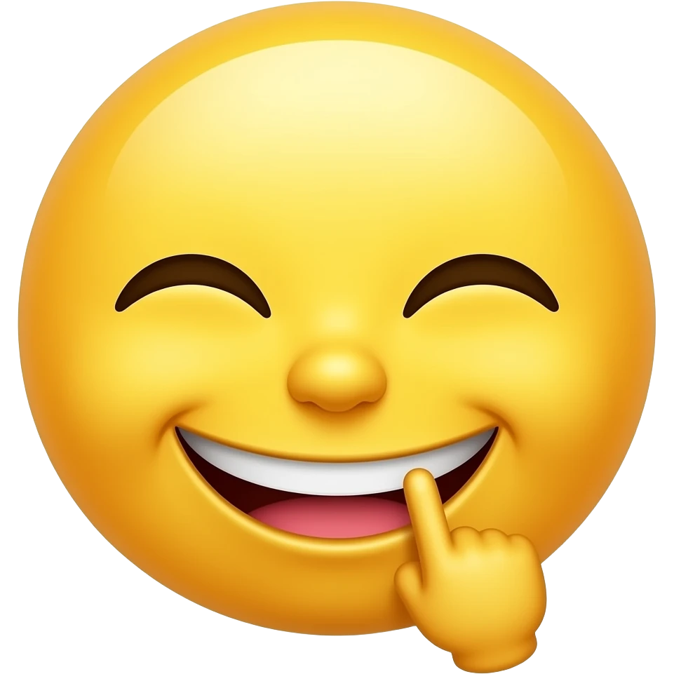 A smug yellow face smiling grinning cheeky with finger in mouth smiling showing teeth grinning happy but cheeky vibe emoji