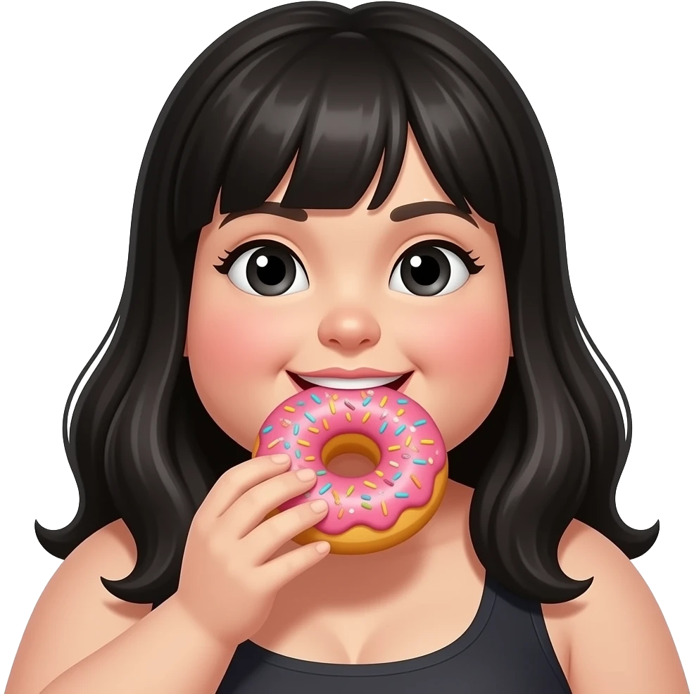 Fat girl with long black hair and dark eyes eating donut emoji