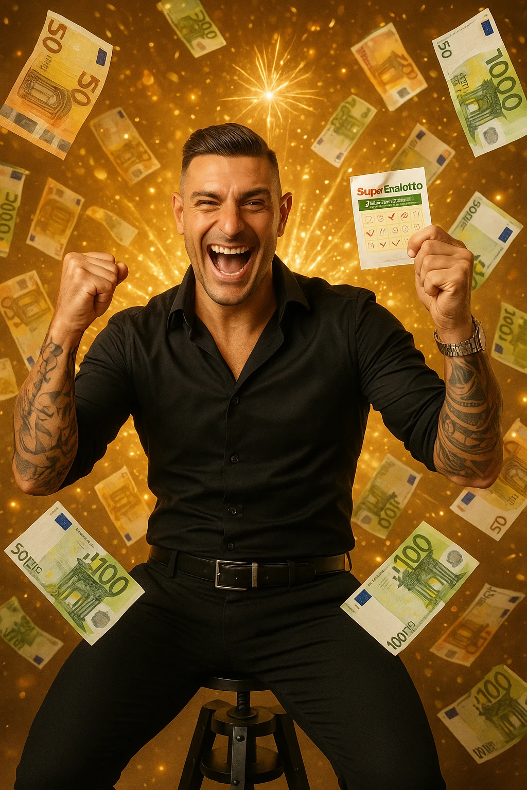 Uomo che vince al superenalotto italiano facendo 6 numeri, quindi è milionario emoji