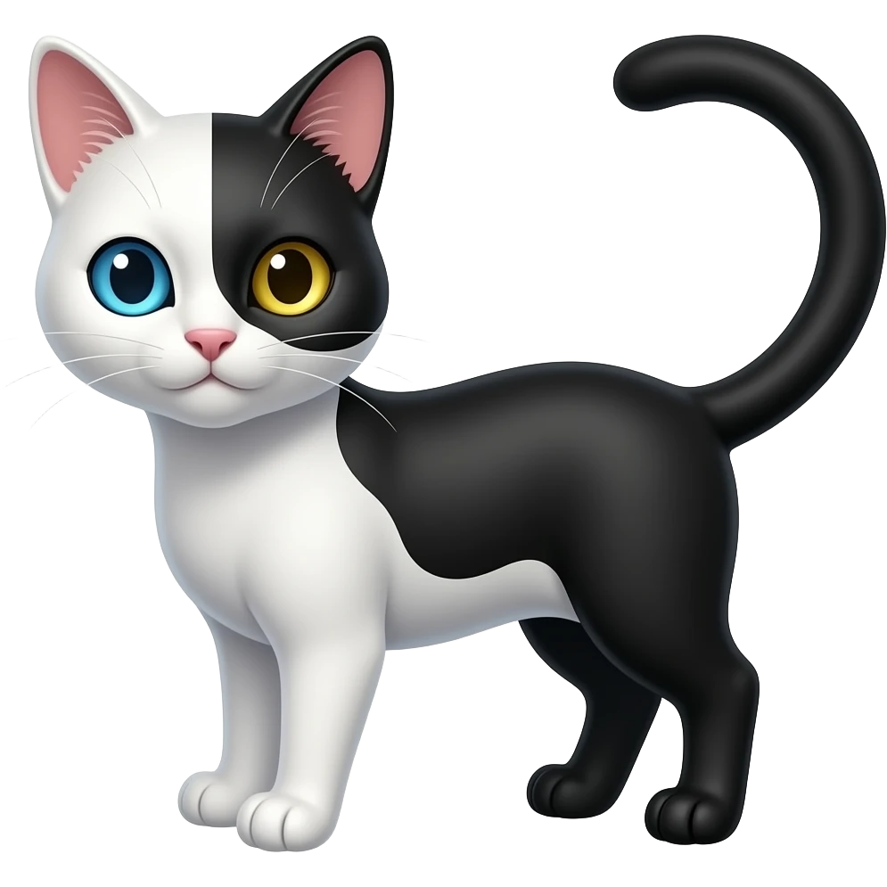 Chimera cat; one sad is white with blue eye, the other side is black with golden eye emoji