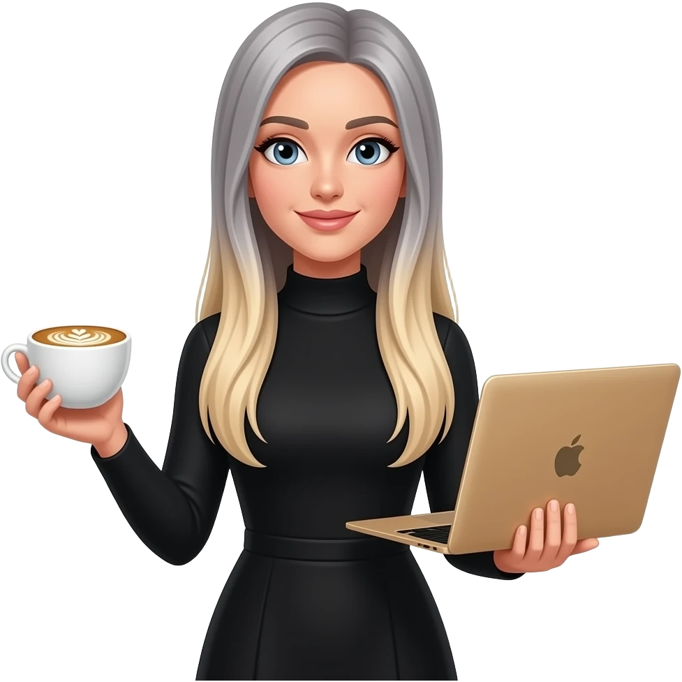 grey eyes woman, In long sleeves black dress, with extreme long very straight blond hair with light ombré hair with late art coffee and MacBook gold in other hands emoji
