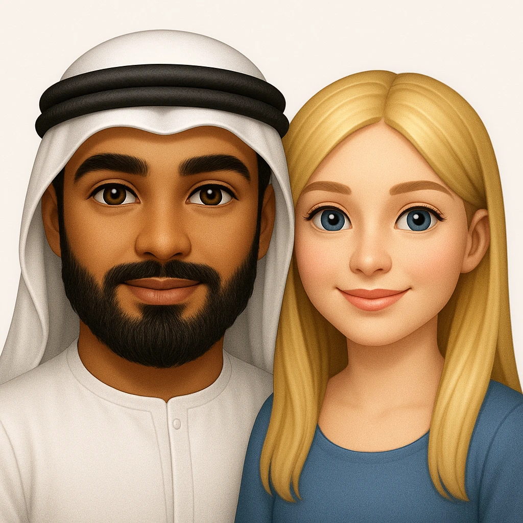 Сгенерируй мне в стиле детализированного емодзи пару, где мужчина с черной бородой и в арабском одеянии и чуть со смуглой кожей, а девушка чистая славянка, блондинка  emoji