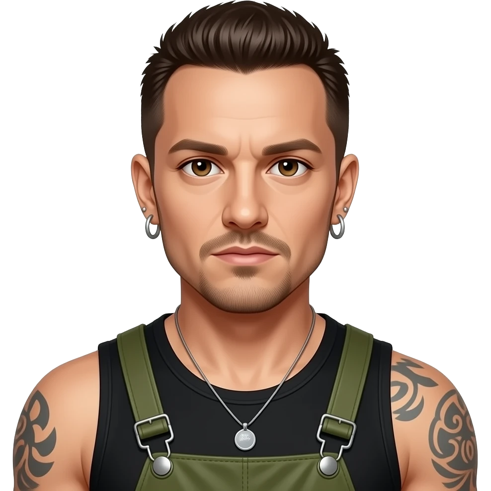 Chester Bennington with brown eyes, dark brown hair, black metallic sleeveless shirt, olive green metallic baggy pants, necklace and earrings emoji