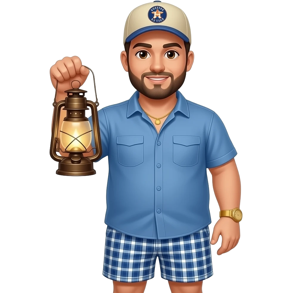 Chubby man with light honey skin tone with lightly shaved black beard and brown eyeswearing a blue button up short sleeve shirt with matching shorts with square pattern design wearing a beige Huston Astros logo baseball cap wearing a gold watch wearing a gold tennis necklace holding a oil lamp emoji