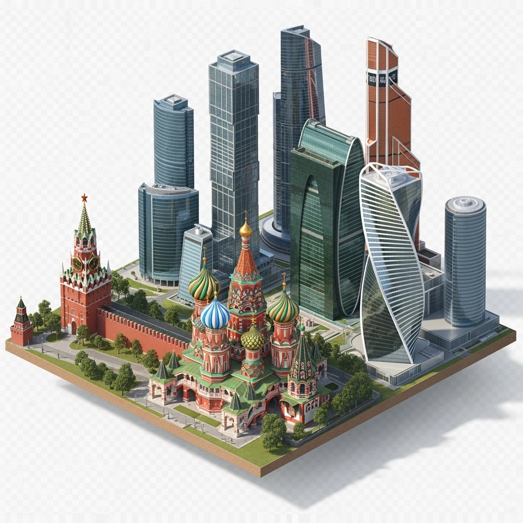 Изометрическая фотореалистичная иллюстрация-модель Москвы с Кремлем с Храмом Василия Блаженного и Сити, баланс между стилизацией и реализмом, эффект миниатюры, прозрачный фон emoji