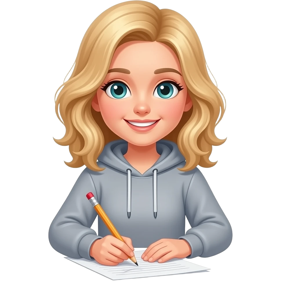 blond girl with medium/long hair and blue-green eyes, smiling, wearing gray hoodie, writing on a paper with a pencil emoji