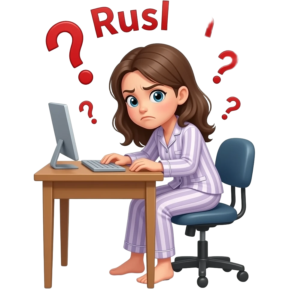 a girl in her pajama sitting at the desk turning around to us with disgusted expression and raised eyebrows - around her there are red question marks in the air and the red phrase also in the air: Ruslan emoji