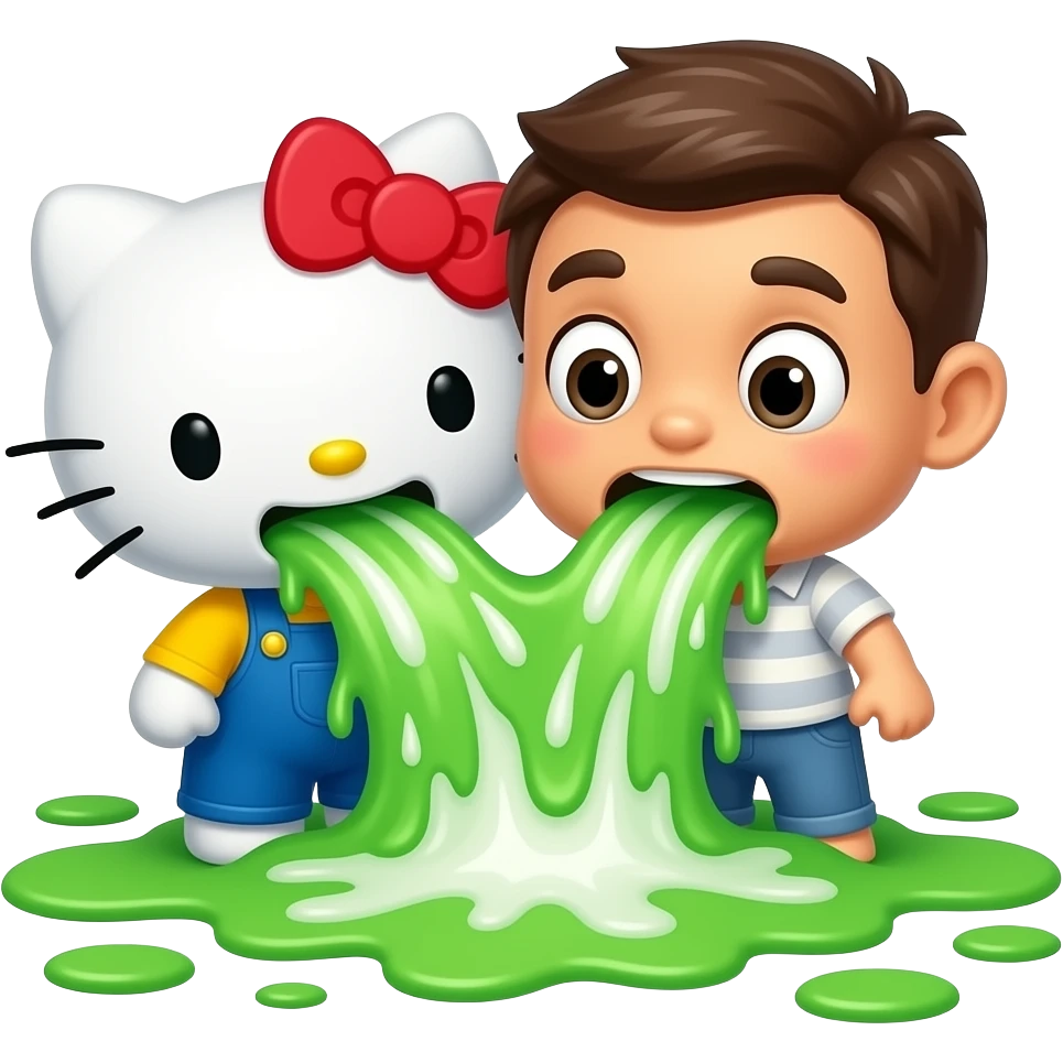Green and white, throwing up—Hello Kitty and Buz are throwing up together, a lot, covering the ground in vomit; it's gushing out of her mouth like Niagara Falls angry emoji
