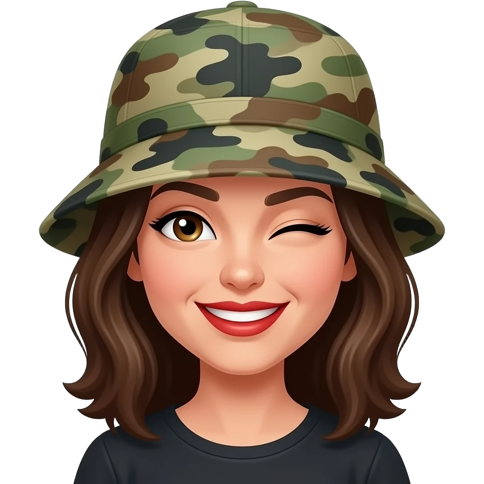 Woman emoji camo hat red lip smirk wink emoji