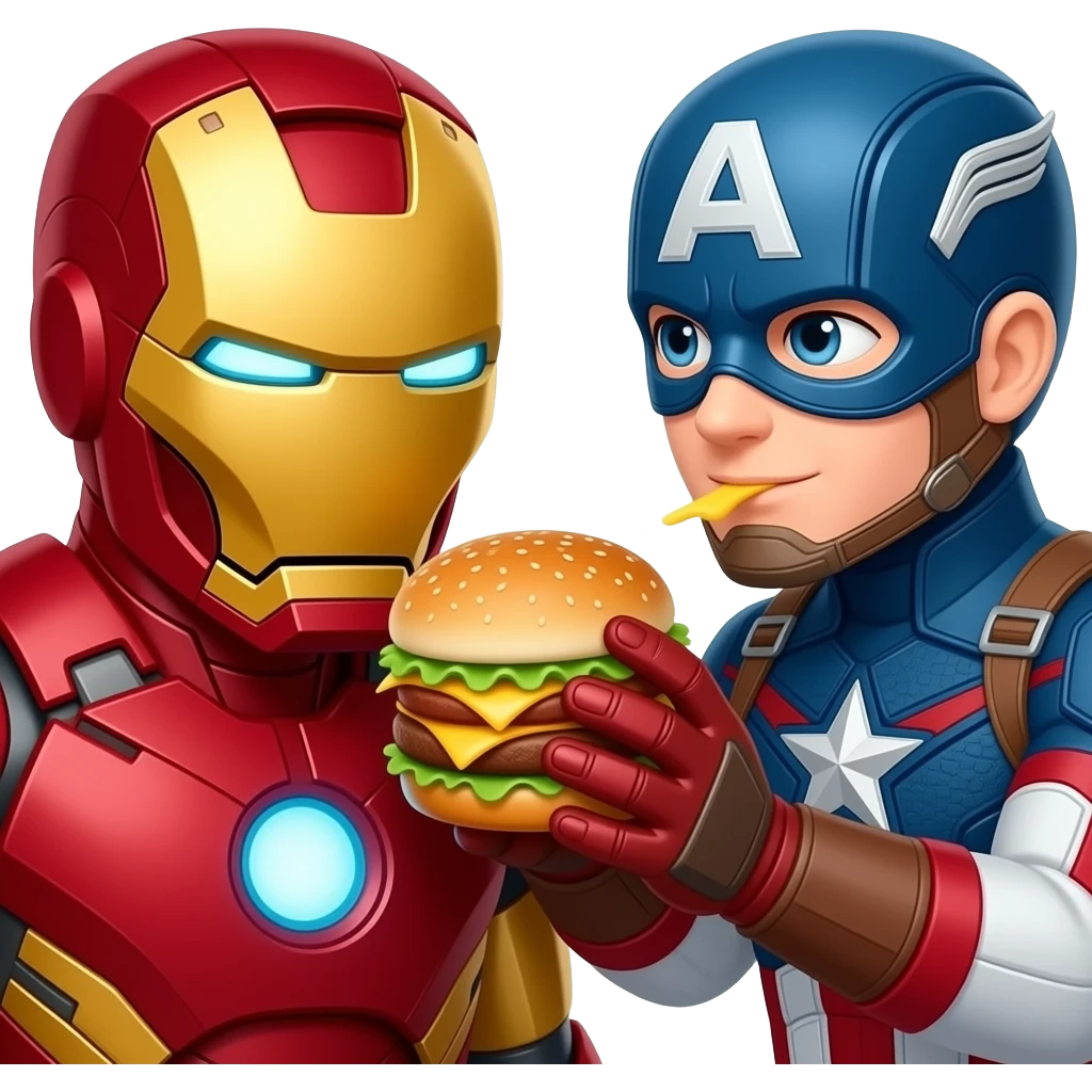 Iron man eating a cheeseburger and captain America steals it emoji