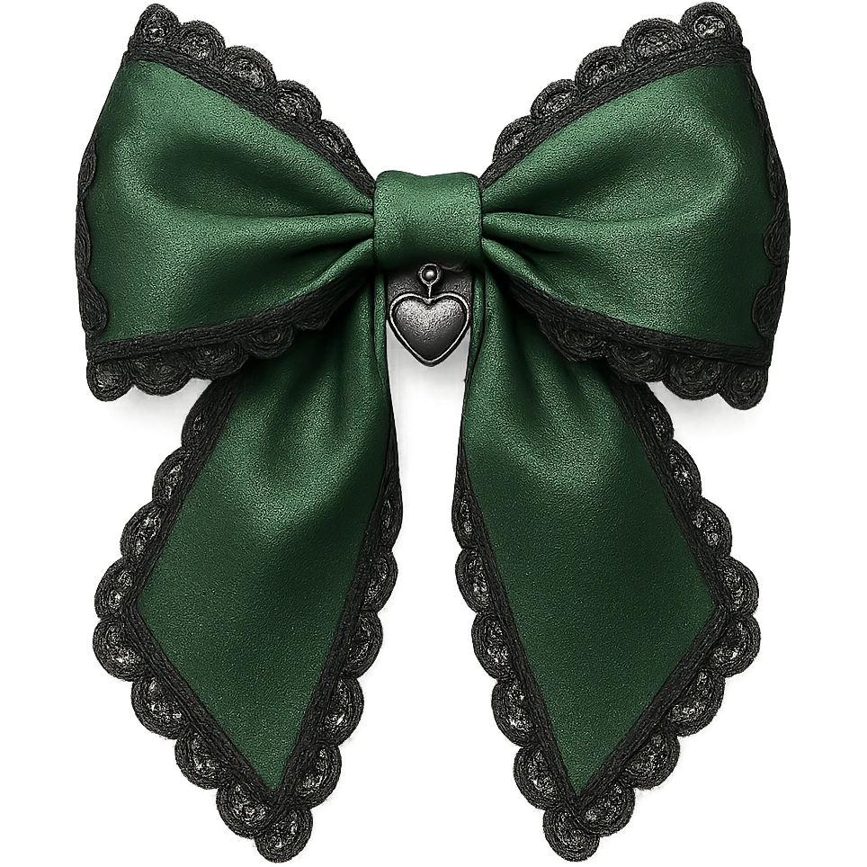 green gothic bow with black lace trim and heart charm, remove background emoji