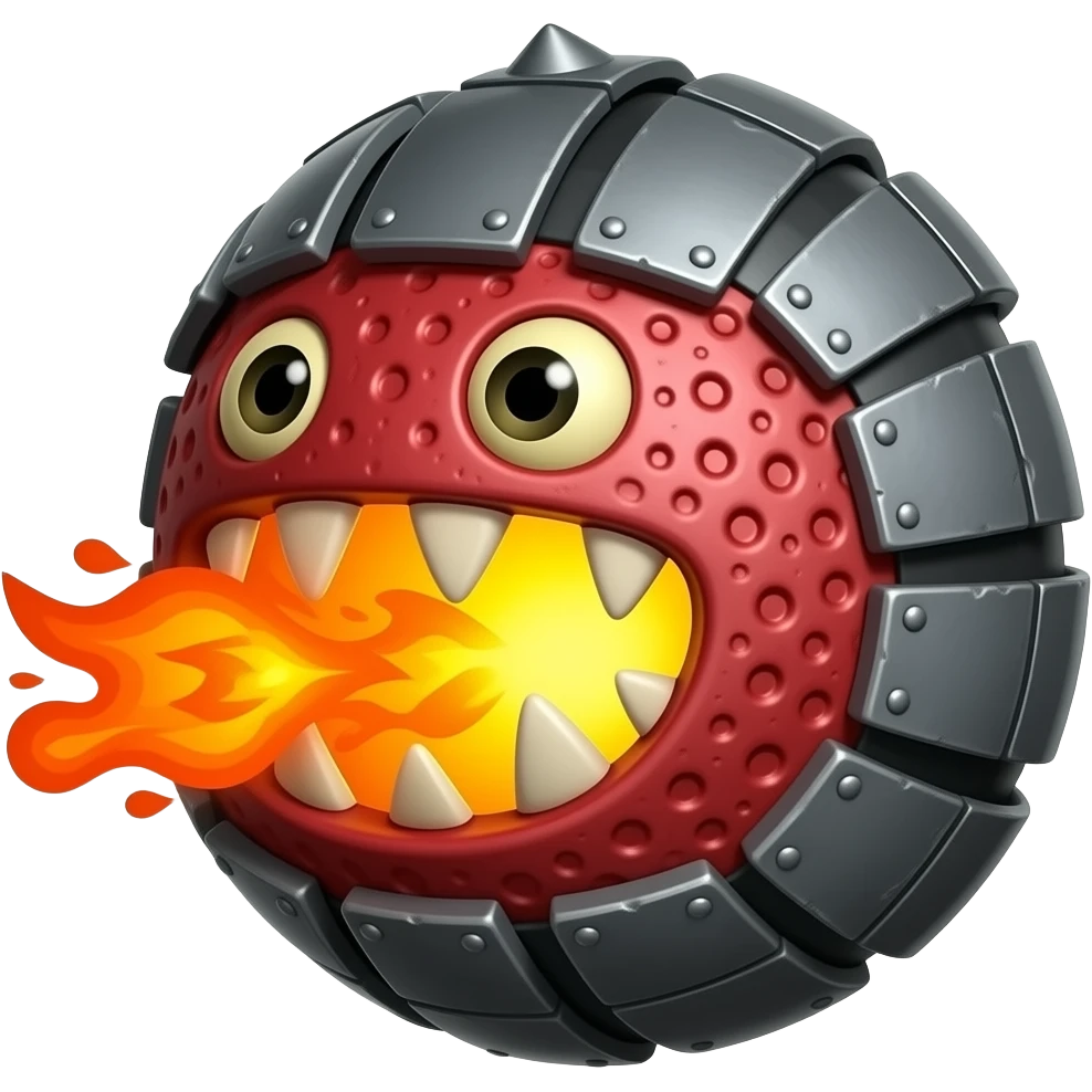 A red floating round sime-ball-like monster with charcoal armor plates and a furnace-hot jaw. It spits fireballs and snaps with explosive bursts of heat. No platform. emoji