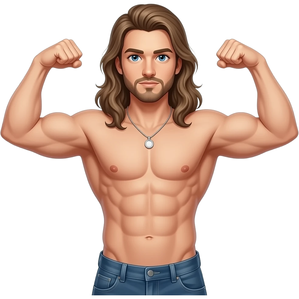 muscular shirtless white flexing with very long hair no beard emoji