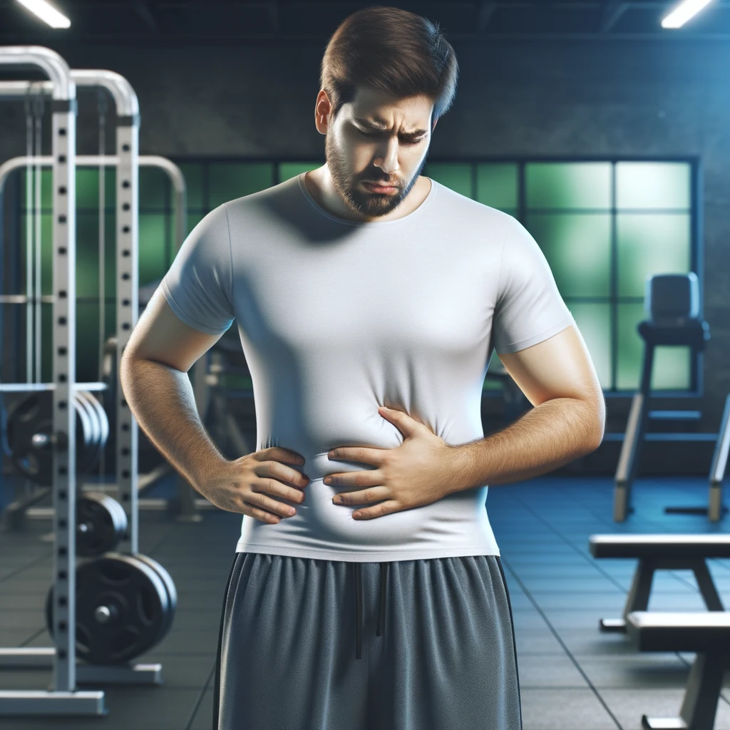 UOMO IN PALESTRA LEGGERMENTE SOVRAPPESO, SI TOCCA LA PANCIA CON ESPRESSIONE DISPIACIUTA IN VOLTO, iperrealistico 4k emoji